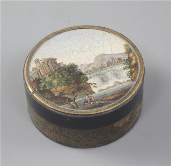 A 19th century Italian micro-mosaic and tortoiseshell snuff box, diameter 3in.